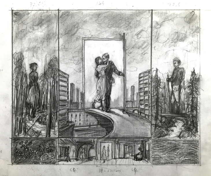 Illustration. Ixelles-Elsene. Sasha Drutskoy. Etude au crayon pour le Polyptique composé de 8 peintures, huile sur toile, structure bois, 230 x 310 cm. 2020-03-12